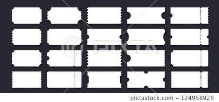 Ticket mockups. Paper coupons. White different ticket shapes template with rectangular, rounded, perforated edges for text, movie, concert, voucher, admission cards. Vector collection 124958928