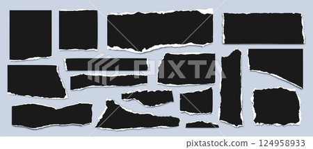 Ripped paper sheet. Black torn paper pieces. Collage blank, sharped torned notebook effect. Strip texture edge. Decorative note rough, jagged rips tape for text. Vector set 124958933