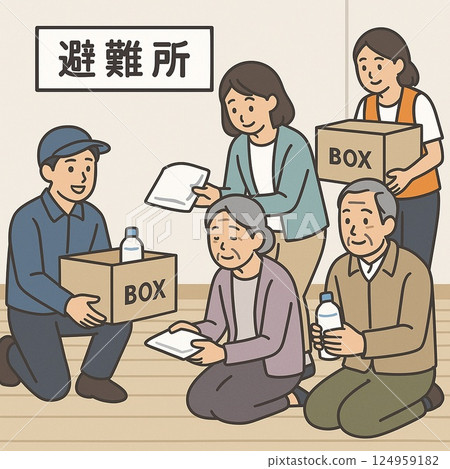 Illustration of elderly people and volunteers receiving relief supplies at an evacuation shelter Illustration of elderly people and volunteers receiving relief supplies at an evacuation shelter 124959182