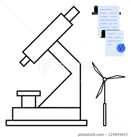 Microscope combined with a wind turbine and document checklist, emphasizing scientific research, alternative energy, and administrative work. Ideal for educational, environmental, technological Microscope combined with a wind turbine and document checklist, emphasizing scientific research, alternative energy, and administrative work. Ideal for educational, environmental, technological 124959421