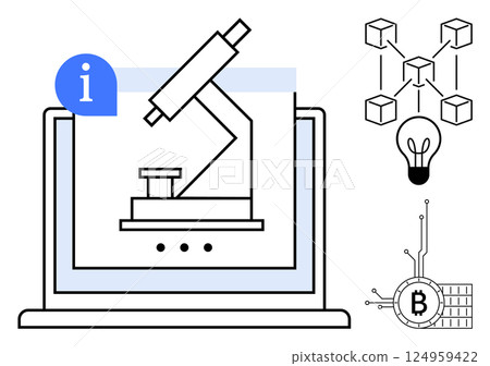 Laptop with microscope symbolizes research and innovation. Blockchain diagram, light bulb and Bitcoin icon highlight data analysis and cryptocurrency ideas. Ideal for blockchain, cryptocurrency Laptop with microscope symbolizes research and innovation. Blockchain diagram, light bulb and Bitcoin icon highlight data analysis and cryptocurrency ideas. Ideal for blockchain, cryptocurrency 124959422