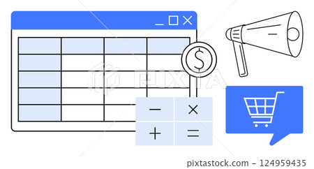 Spreadsheet with dollar symbol, calculator with arithmetic symbols, megaphone, and shopping cart icon. Ideal for finance, e-commerce, marketing, accounting, analytics, budgeting, and retail. Line 124959435