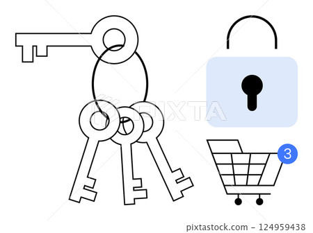 Keys on a keyring beside a padlock and shopping cart with a notification. Ideal for concepts on security, online shopping, e-commerce safety, data privacy, user authentication, and digital Keys on a keyring beside a padlock and shopping cart with a notification. Ideal for concepts on security, online shopping, e-commerce safety, data privacy, user authentication, and digital 124959438