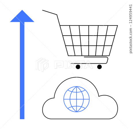 Cart floating above a cloud containing a globe icon. Upward blue arrow symbolizes growth. Ideal for business technology, e-commerce, global trade, online shopping solutions, digital business sectors 124959441