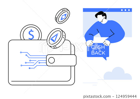 Digital wallet with cryptocurrency coins hovering around it. On the right, a person holding a sign saying cash back from a website window. Ideal for cryptocurrency, digital payments, e-commerce, cash Digital wallet with cryptocurrency coins hovering around it. On the right, a person holding a sign saying cash back from a website window. Ideal for cryptocurrency, digital payments, e-commerce, cash 124959444