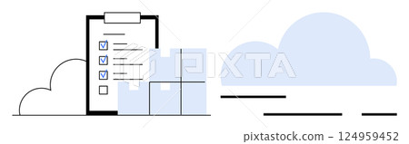 Clipboard with checklist, six stacked boxes, and blue cloud representing efficient inventory management and cloud storage. Ideal for logistics, supply chain, warehouse, online retail, inventory 124959452