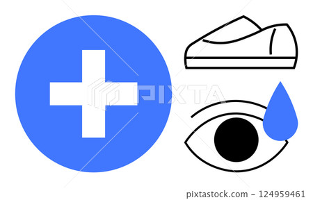 White cross in blue circle, line art shoe, eye with tear drop. Ideal for medical services, eye care, podiatry, health awareness, safety protocols, healthcare apps, hospital signs. Line metaphor White cross in blue circle, line art shoe, eye with tear drop. Ideal for medical services, eye care, podiatry, health awareness, safety protocols, healthcare apps, hospital signs. Line metaphor 124959461