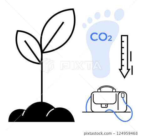 Seedling growing from soil, carbon footprint symbol with CO2 label, and briefcase with downward arrow symbolizing reduction. Ideal for sustainability, environmental awareness, climate action 124959468