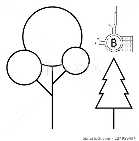 Geometric tree shapes with a digital Bitcoin symbol circuit. Ideal for technology themes, digital currency concepts, environmental balance, modern minimalist design, nature and technology interaction Geometric tree shapes with a digital Bitcoin symbol circuit. Ideal for technology themes, digital currency concepts, environmental balance, modern minimalist design, nature and technology interaction 124959494