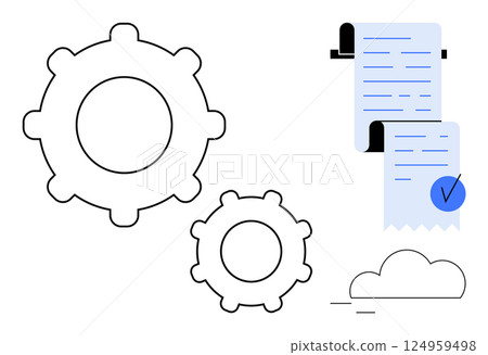 Two black outline gears on the left, a completed document with a blue check mark on the right, and a cloud below the document. Ideal for project management, workflow, efficiency, automation, and data 124959498