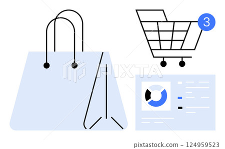 Shopping bag with handles, shopping cart icon with notification bubble, and analytics page featuring a pie chart and data. Ideal for e-commerce, retail, online shopping, marketing, sales analysis 124959523