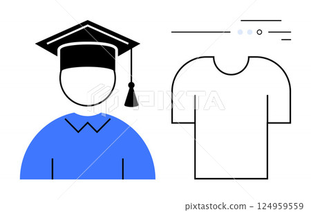 Graduate in a cap and gown alongside a simple, outlined T-shirt. Ideal for education, graduation, academic attire, school events, casual wear, lifestyle branding, digital communications. Line 124959559
