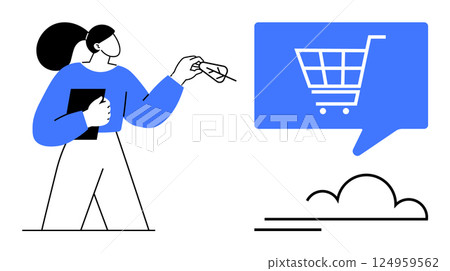 Woman holding tablet while gesturing towards blue speech bubble with shopping cart icon. Ideal for online shopping, e-commerce, digital marketing, business presentations, technology promotion, retail Woman holding tablet while gesturing towards blue speech bubble with shopping cart icon. Ideal for online shopping, e-commerce, digital marketing, business presentations, technology promotion, retail 124959562