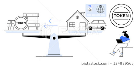 Scales balance digital tokens against physical assets including house and car person using laptop. Ideal for blockchain, finance, real estate, digital economy, investments, cryptocurrency, fintech 124959563