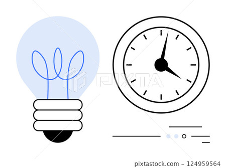 Light bulb next to analog clock with minimal design suggesting innovation, time efficiency, and productivity. Ideal for business strategy, brainstorming sessions, project planning, time management 124959564