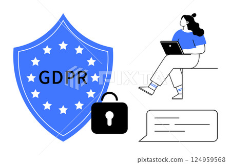 GDPR shield with stars and text, padlock icon, woman working on a laptop, chat bubble. Ideal for data protection, privacy, cybersecurity, online safety, regulations, compliance, legal topics. Line GDPR shield with stars and text, padlock icon, woman working on a laptop, chat bubble. Ideal for data protection, privacy, cybersecurity, online safety, regulations, compliance, legal topics. Line 124959568