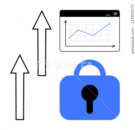 Two upward arrows, a graph with an increasing trend, and a padlock. Ideal for business development, data security, digital growth, financial stability, technology. Simplistic modern style Two upward arrows, a graph with an increasing trend, and a padlock. Ideal for business development, data security, digital growth, financial stability, technology. Simplistic modern style 124959571