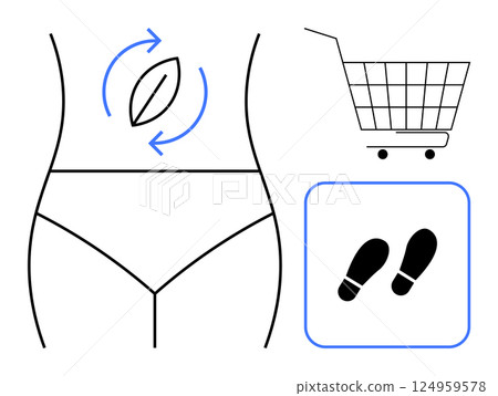 Outline of a womans waist with recycling arrows near stomach, a shopping cart, and footprints within a blue square. Ideal for health, shopping, recycling, fitness, and lifestyle themes. Minimalist 124959578
