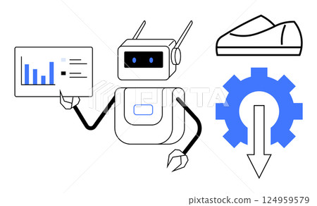 Robot holding a data chart, blue gear, and shoe icons representing technology, automation, and efficiency. Ideal for AI, robotics, data analytics, technology, innovation, automation, business growth 124959579