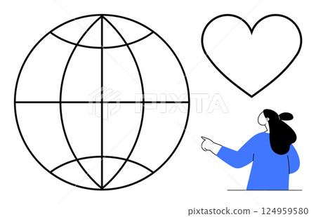 A person pointing towards a heart shape and an earth globe. Ideal for themes like global awareness, love for the planet, environmental conservation, unity, and humanity. Minimalist art style 124959580