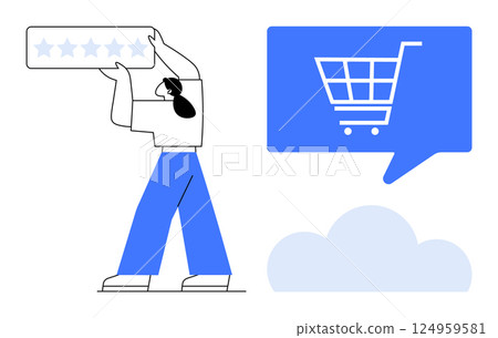 Man holding five-star rating. Blue shopping cart icon in speech bubble. Cloud backdrop. Ideal for online shopping, customer feedback, e-commerce, product reviews, user ratings, customer satisfaction 124959581