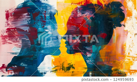 Abstract Romantic Silhouette - Couple or situationship in Embrace with Colorful Brush Strokes_2_ 124959693