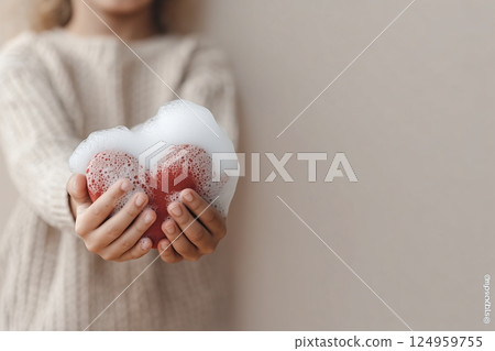 A child holds soapy apples shaped like a heart, symbolizing love and care. A child holds soapy apples shaped like a heart, symbolizing love and care. 124959755