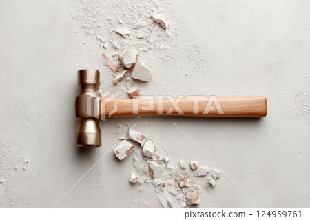 Close-up of a hammer on a textured surface with scattered debris from construction work. 124959761