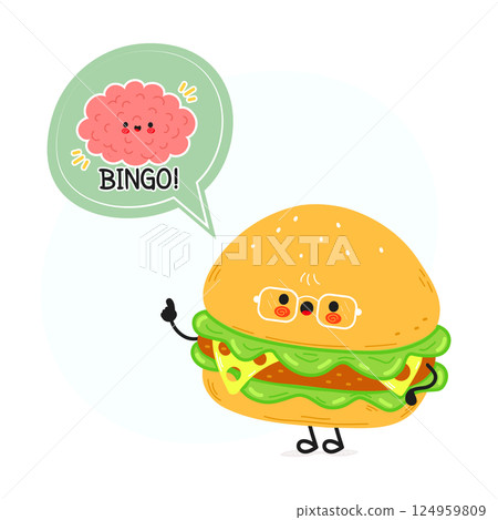 Cartoon burger wearing glasses with a brain in a speech bubble saying bingo, a cute food concept. 124959809