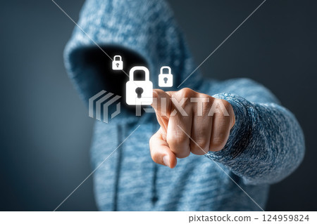 Cybersecurity concept with a hooded figure. 124959824