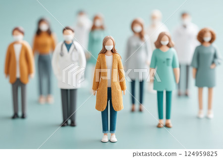 Diverse figures wearing masks in a group setting. 124959825