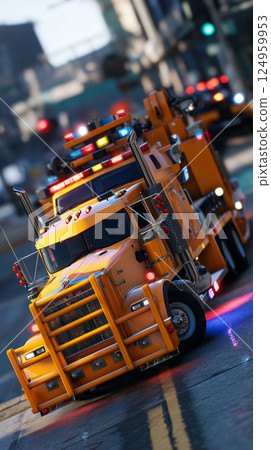 Tow Truck with Recovery Equipment on Urban Street - Emergency Vehicle 124959953
