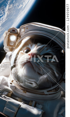 Cat Astronaut in Space - Feline Explorer with Earth View 124959977