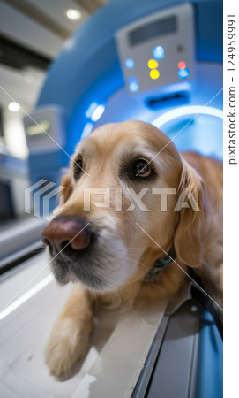 Golden Retriever calmly lies in X-ray machine in the Sophisticated medical scanning machine 124959991