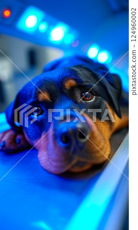 Rottweiler calmly lies in X-ray machine in the Sophisticated medical scanning machine 124960002
