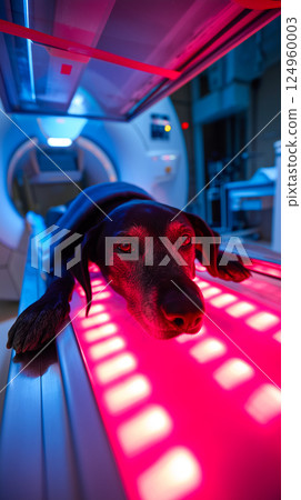 Rottweiler calmly lies in X-ray machine in the Sophisticated medical scanning machine 124960003