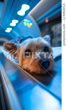 Yorkshire Terrier calmly lies in X-ray machine in the Sophisticated medical scanning machine such 124960018