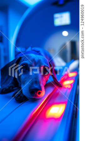 Dachshund calmly lies in X-ray machine in the Sophisticated medical scanning machine Dachshund calmly lies in X-ray machine in the Sophisticated medical scanning machine 124960019