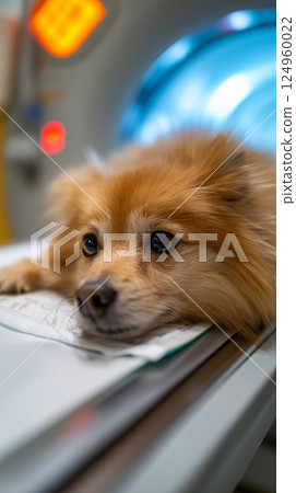 Pomeranian calmly lies in X-ray machine in the Sophisticated medical scanning machine 124960022