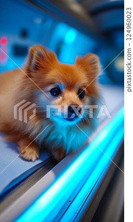 Pomeranian calmly lies in X-ray machine in the Sophisticated medical scanning machine 124960023