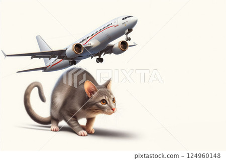 A plane flying over a cat. Space for text. 124960148