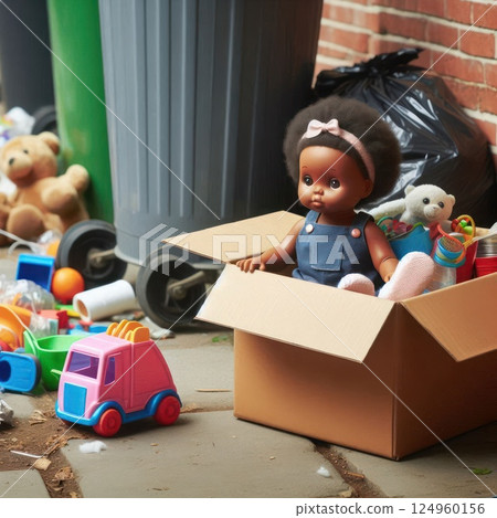 Old children's toys in a box near the garbage. 124960156
