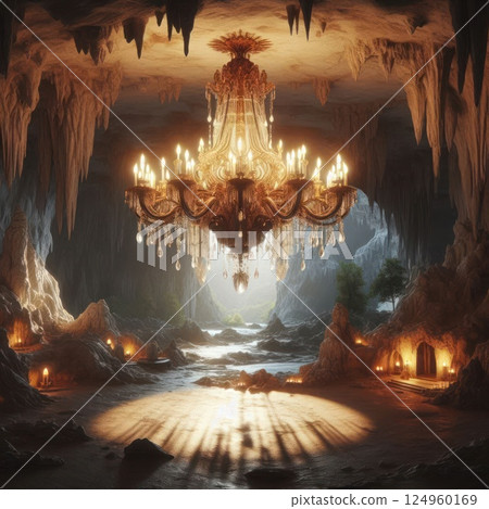 A huge chandelier in the cave illuminating the stalactites. A huge chandelier in the cave illuminating the stalactites. 124960169