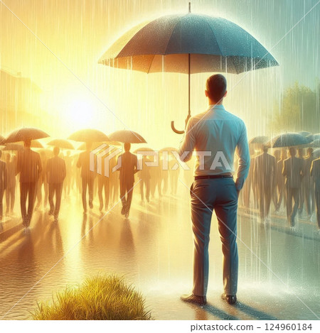One person under an umbrella in front of a crowd in the rain. 124960184