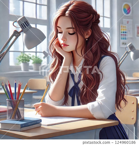 A girl at a desk, dreaming in class. 124960186