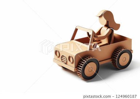 A cardboard girl rides in a cardboard car. Space for text. A cardboard girl rides in a cardboard car. Space for text. 124960187