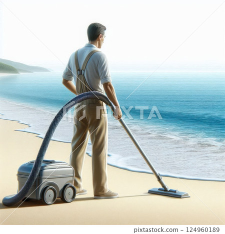 Man vacuuming sand on the seashore. 124960189
