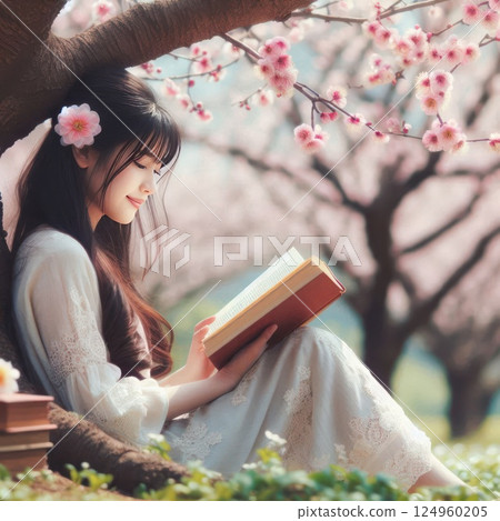 A woman under a cherry blossom tree with a book in her hands. A woman under a cherry blossom tree with a book in her hands. 124960205