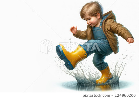 A child in yellow boots jumps in puddles. Space for text. A child in yellow boots jumps in puddles. Space for text. 124960206