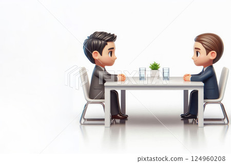 A business meeting at a table between two men. Space for text. A business meeting at a table between two men. Space for text. 124960208